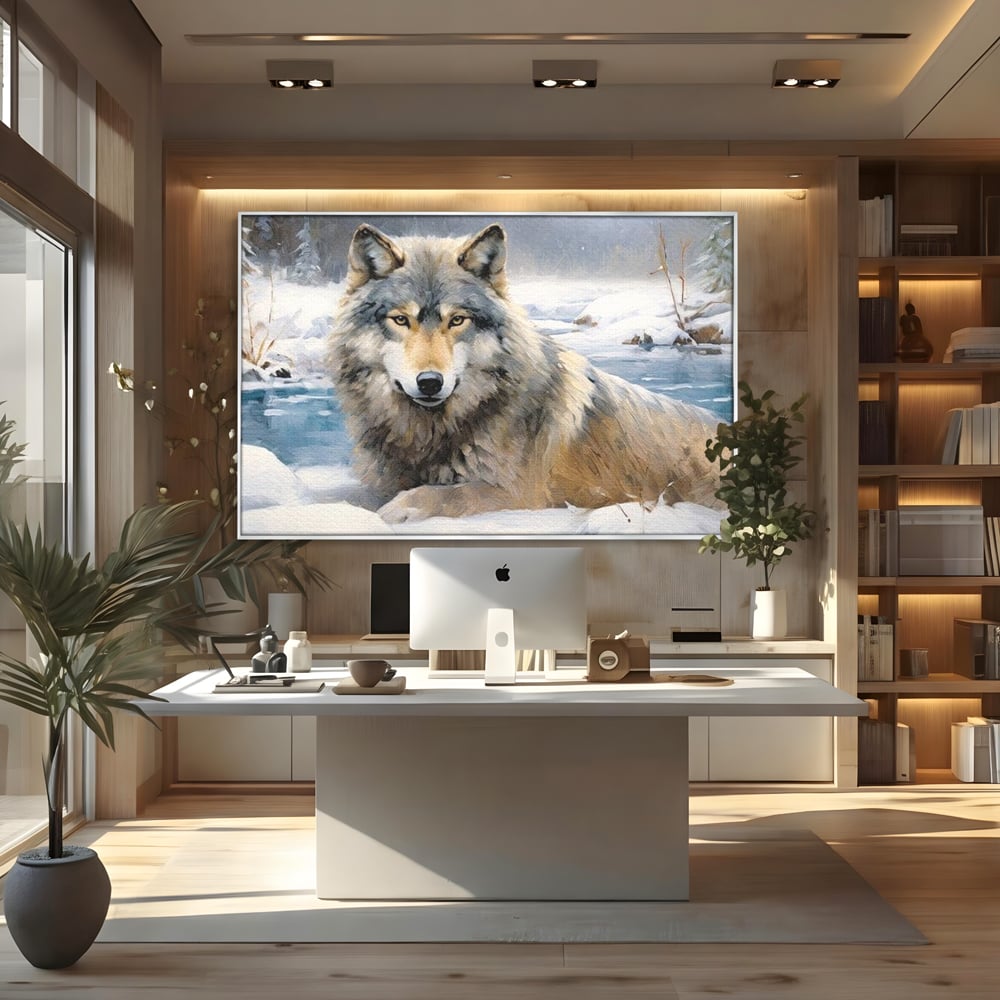 Tablou canvas cu pictura cu lup singuratic in zapada, in rama de aluminiu argintiu, pe perete intr-un birou